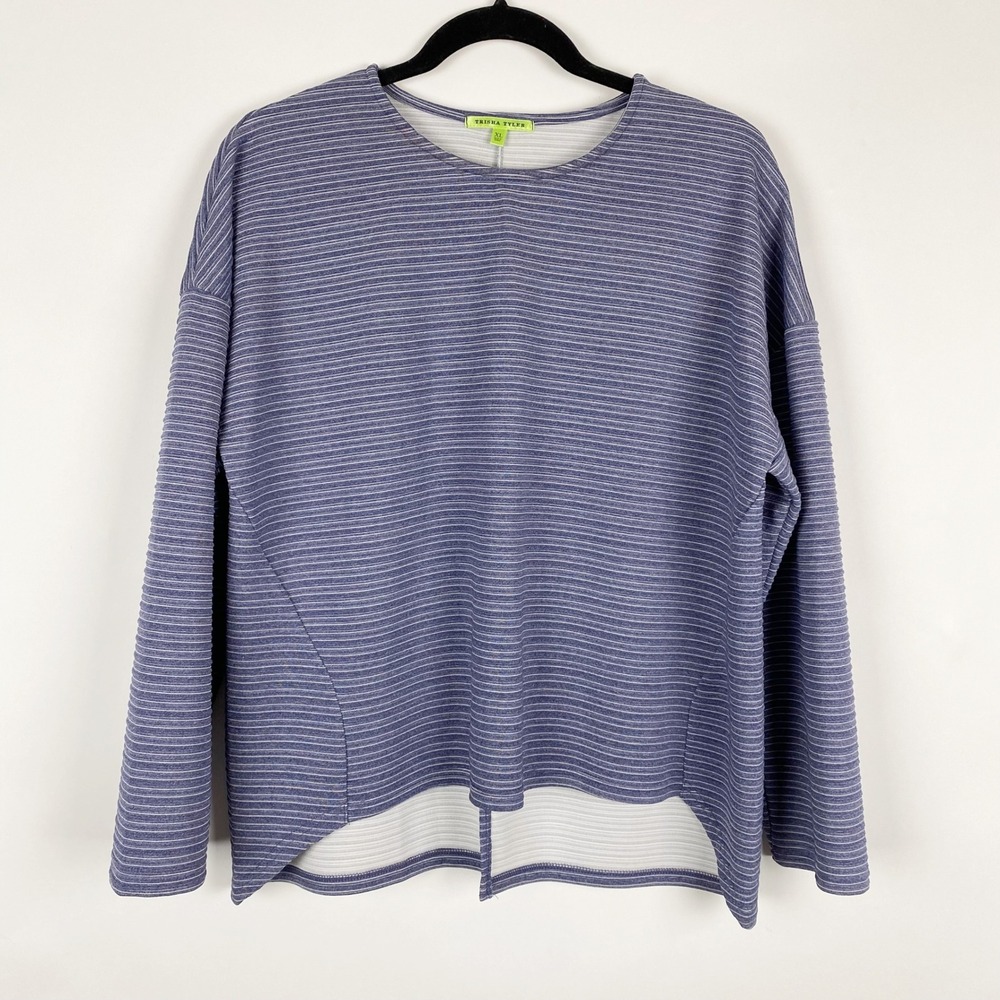 Trisha Tyler Striped High-Low Ribbed Top Womens XL Blue White‎ Boxy Fit Pullover